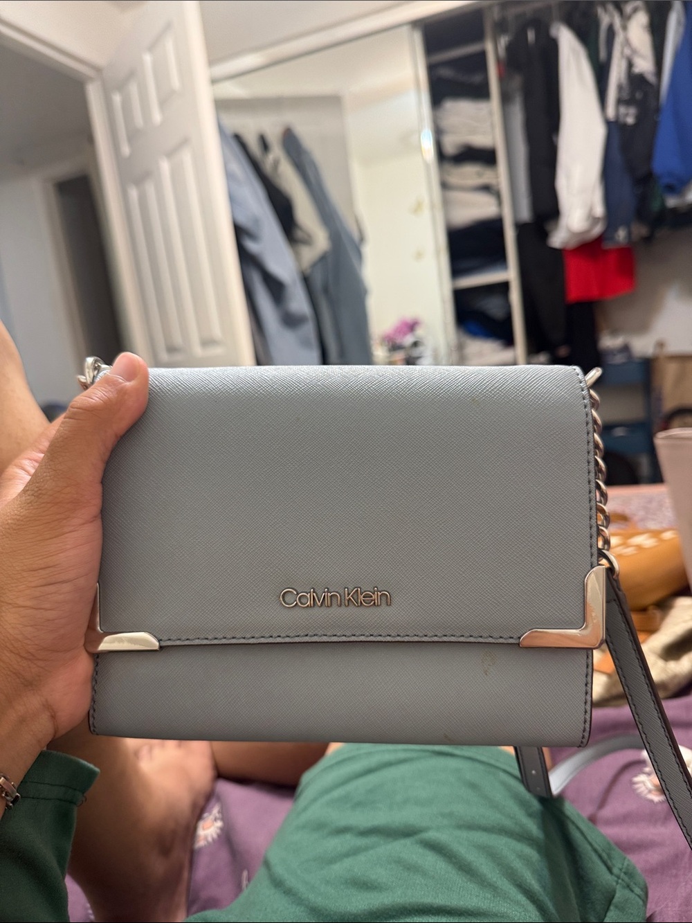 Calvin Klein Powder Blue Crossbody Bag with Silver Accents